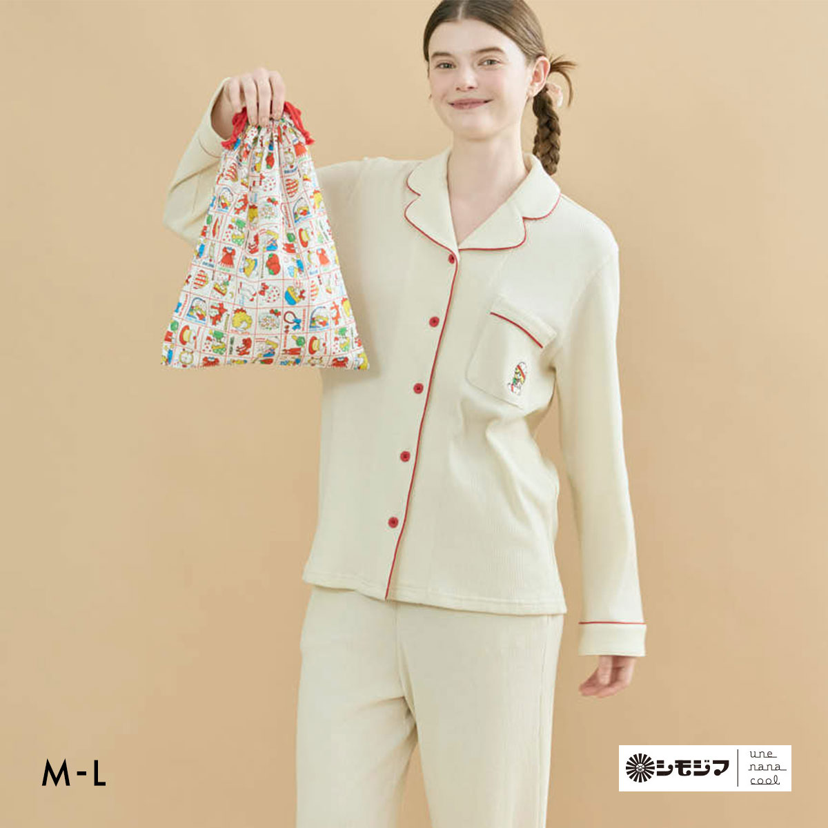 ウンナナクール une nana cool 綿100％ 開襟ワッフルパジャマ パジャマ MADE WITH シモジマ ルームウェア 上下セット 長袖 レディース(CR-クリーム-M)