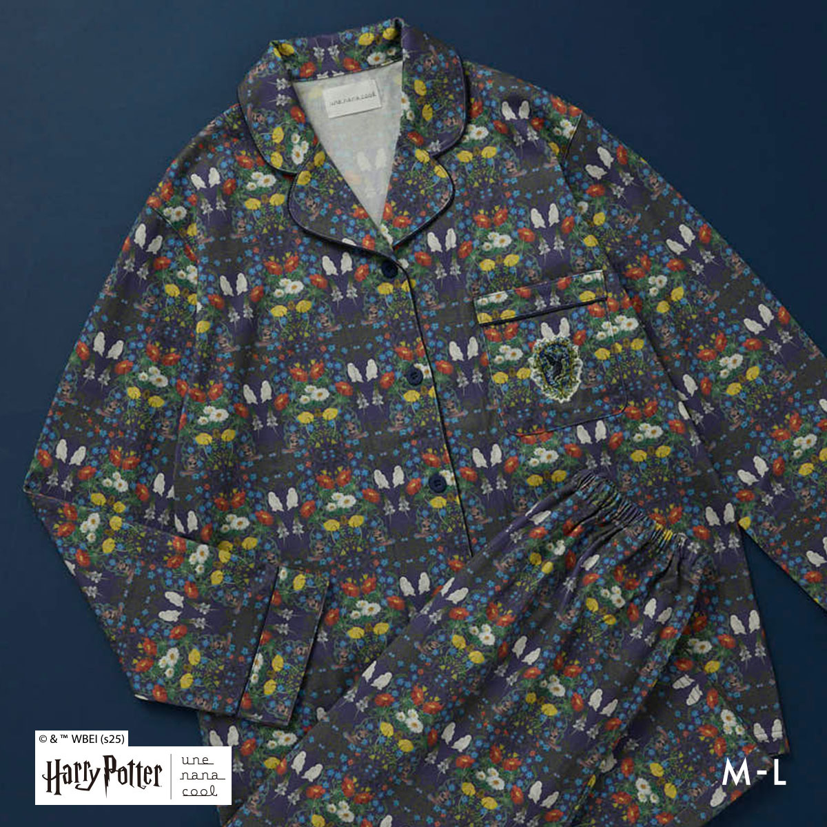 ウンナナクール Harry Potter × une nana cool 綿100％ パジャマ ルームウェア 上下セット ハリー・ポッター(BU-ブルー-M)