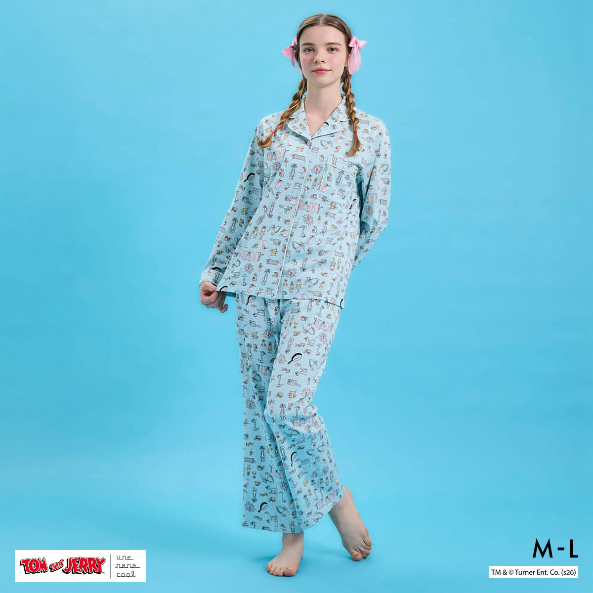 ウンナナクール トムとジェリー × une nana cool 綿100 長袖開襟パジャマ ルームウェア 上下セット レディース une nana cool(SX-サックス-M)