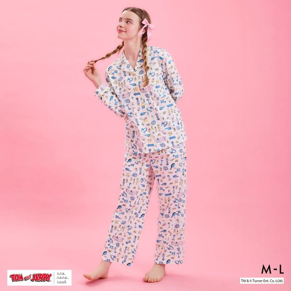 ウンナナクール トムとジェリー × une nana cool 綿100 長袖開襟パジャマ ルームウェア 上下セット レディース une nana cool