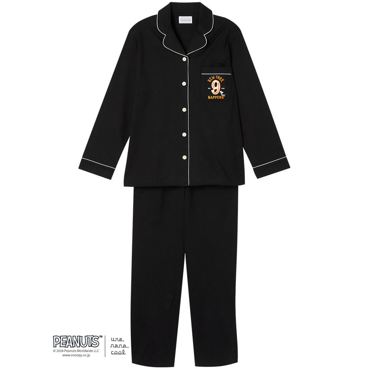 ウンナナクール 綿100 PEANUTS × une nana cool ハイゲージ天竺パジャマ ルームウェア スヌーピー 上下セット 長袖 レディース une nana cool(BK-ブラック-M)