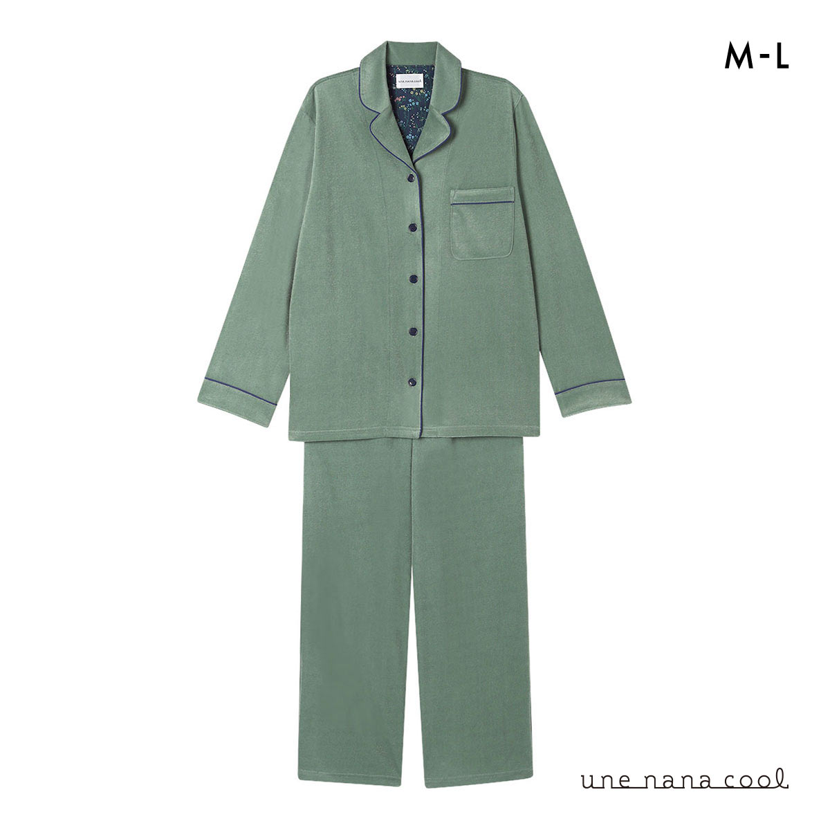 ウンナナクール なめらかパイルパジャマ MADE WITH LIBERTY FABRIC ルームウェア 上下セット 長袖 レディース une nana cool(GR-グリーン-M)