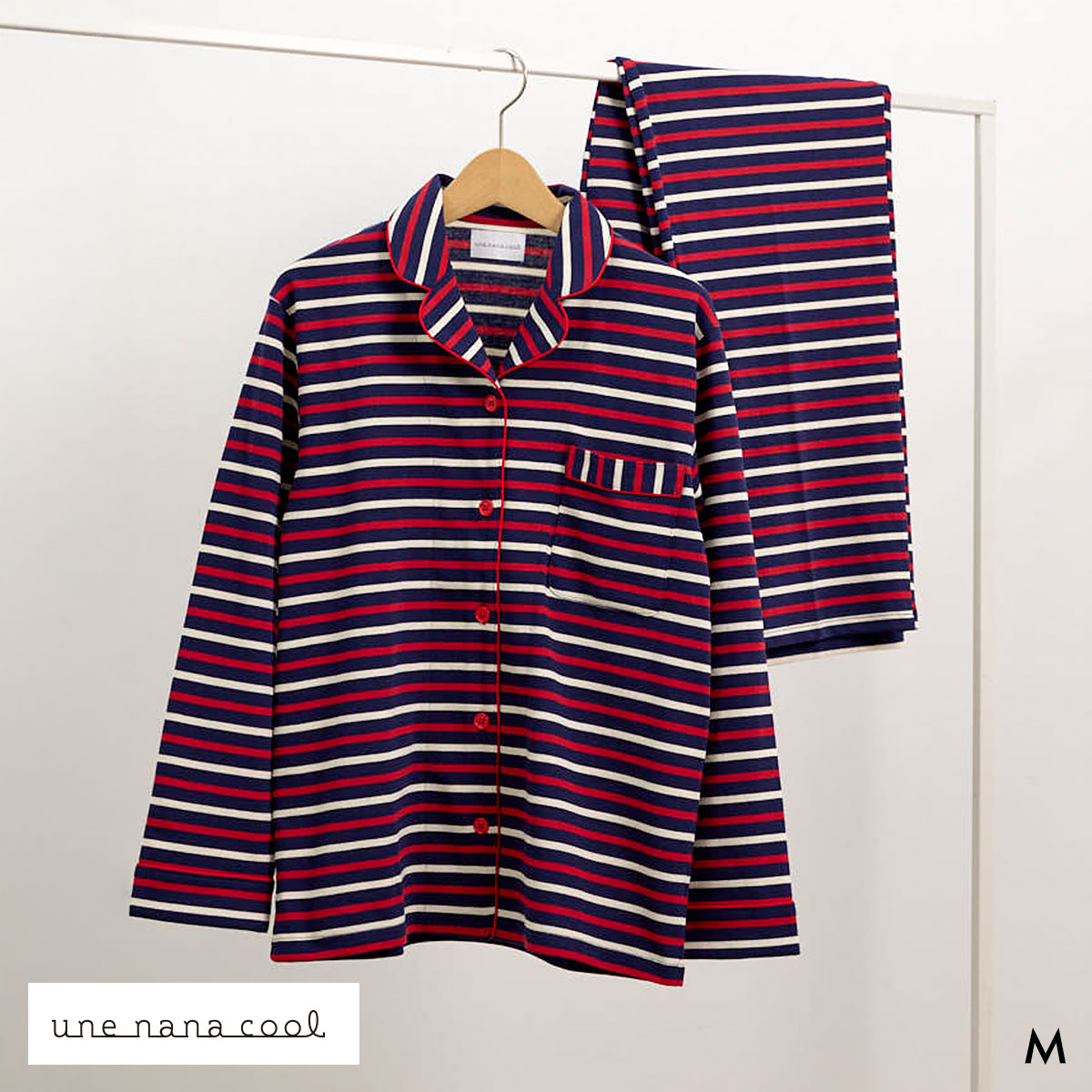 ウンナナクール 綿100 トリコロールパジャマ ルームウェア 上下セット 長袖 une nana cool(RE-レッド-M)