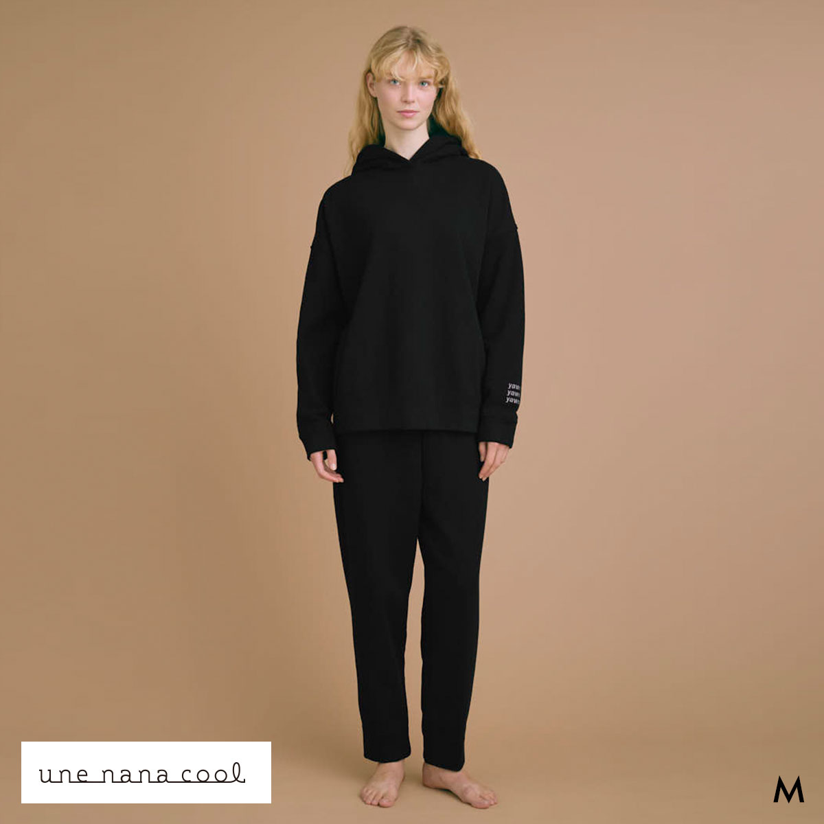 ウンナナクール 綿混 あくびのお嬢さんの裏毛フーディー ルームウェア パジャマ 上下セット レディース une nana cool(BK-ブラック-M)