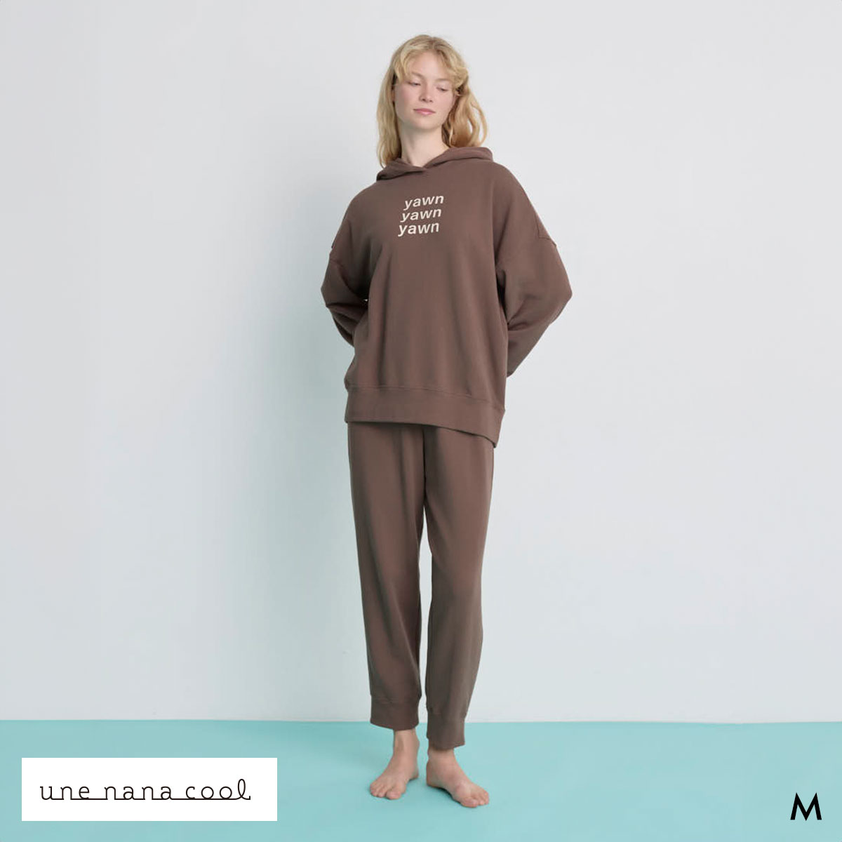 ウンナナクール 綿混 あくびのお嬢さんの裏毛フーディー ルームウェア パジャマ 上下セット レディース une nana cool(BR-ブラウン-M)