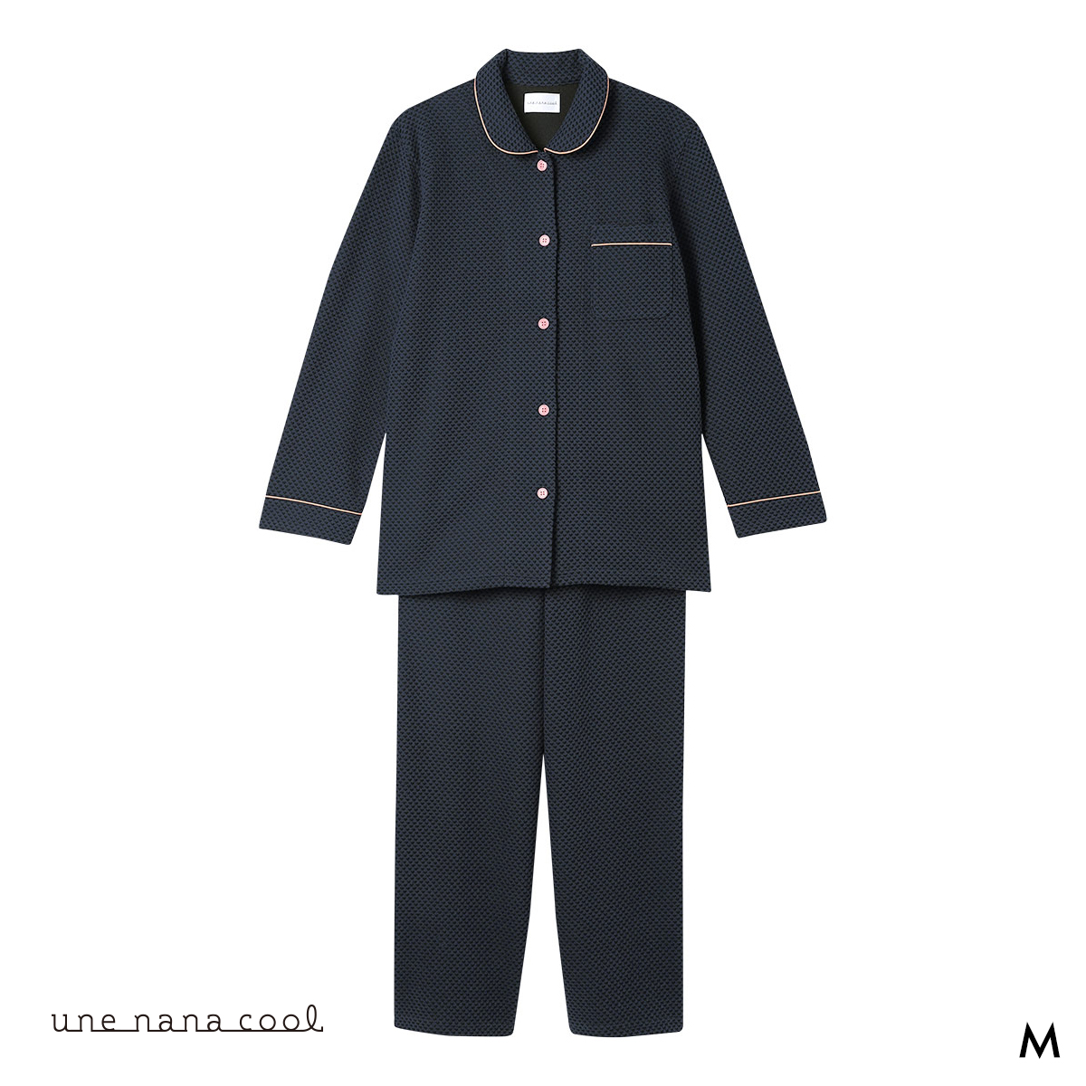 ウンナナクール 綿混 丸襟ぽこぽこ New Year パジャマ ルームウェア 上下セット 長袖 レディース une nana cool(DBU-濃ブルー-M)