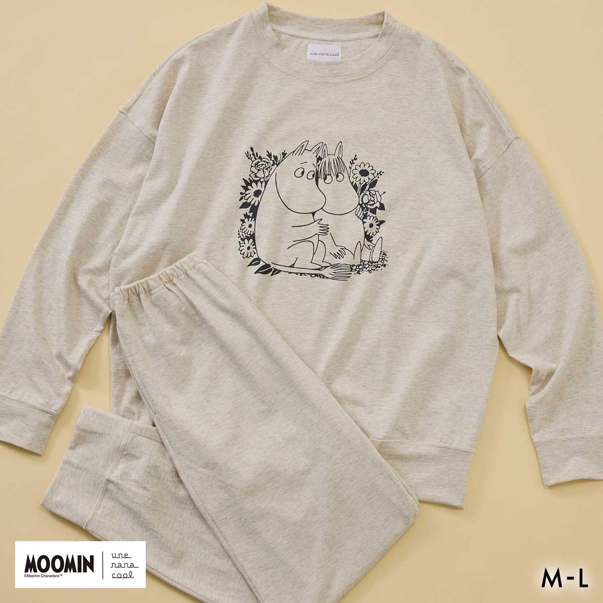 ウンナナクール MOOMIN × une nana cool 綿100％ 杢天竺長袖パジャマ ルームウェア パジャマ 上下セット 長袖 レディース(IV-アイボリー-M)