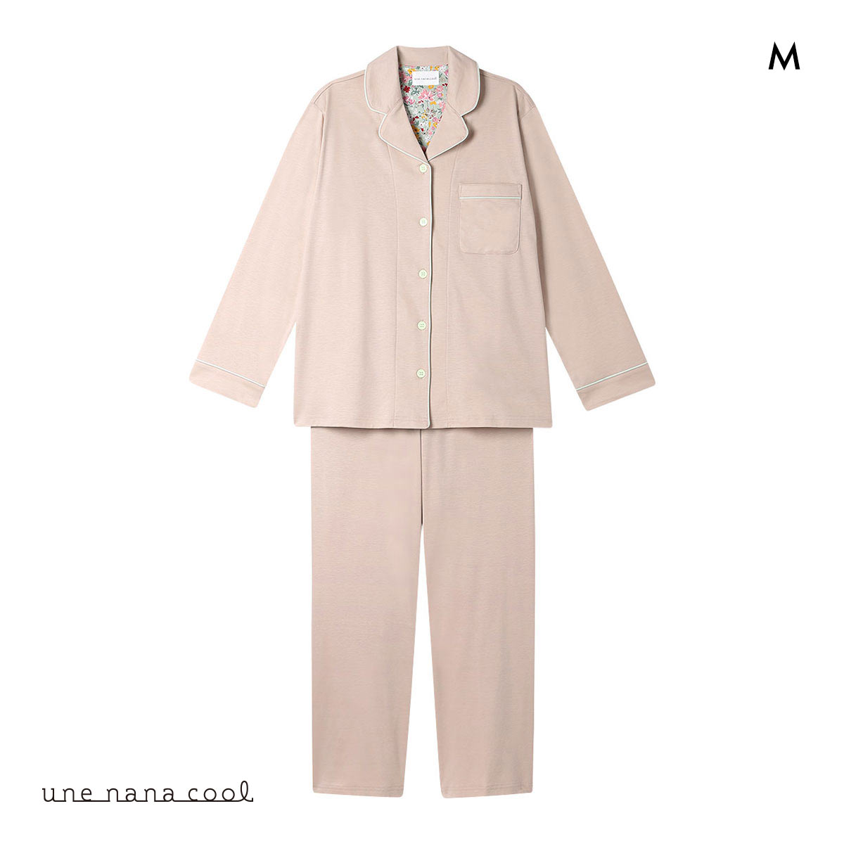 ウンナナクール 綿100％ シルケットスムースパジャマ MADE WITH LIBERTY FABRIC ルームウェア パジャマ 上下セット 長袖 une nana cool(PB-ピンクベージュ-M)