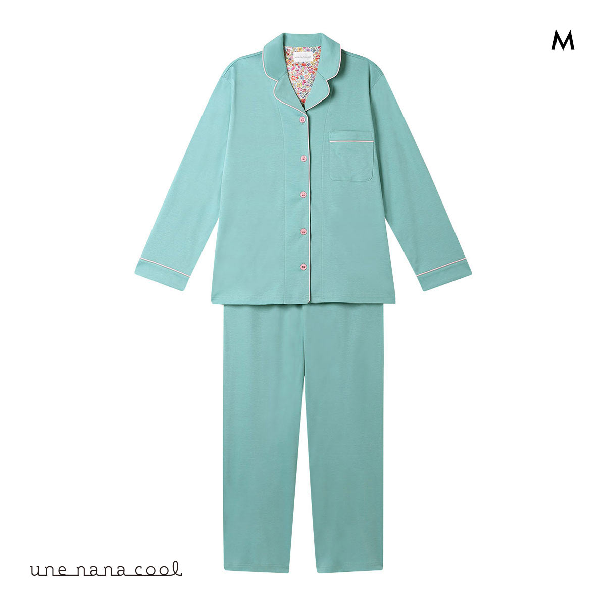 ウンナナクール 綿100％ シルケットスムースパジャマ MADE WITH LIBERTY FABRIC ルームウェア パジャマ 上下セット 長袖 une nana cool(TU-ターコイズ-M)