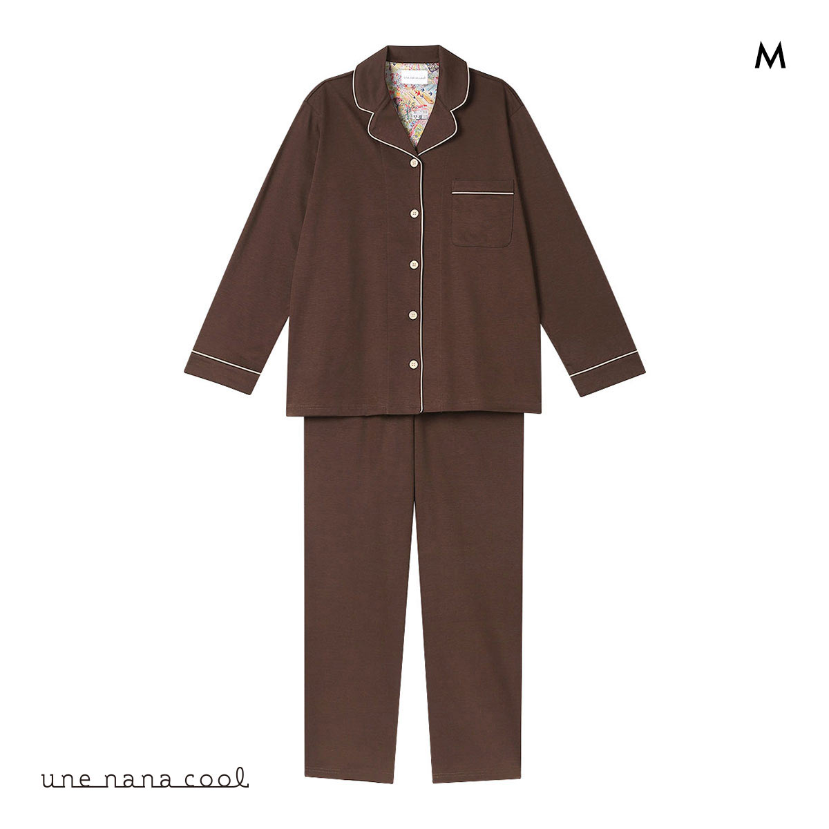 ウンナナクール 綿100％ シルケットスムースパジャマ MADE WITH LIBERTY FABRIC ルームウェア パジャマ 上下セット 長袖 une nana cool(DBR-濃ブラウン-M)