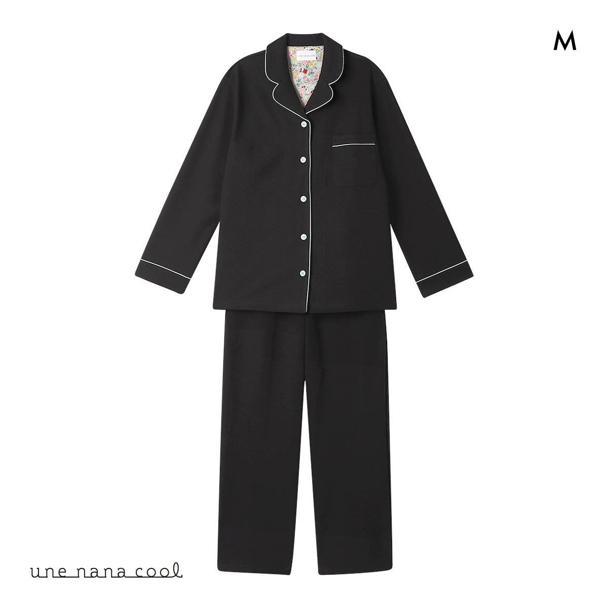 ウンナナクール 綿混 ラッセルストレッチパジャマ  MADE WITH LIBERTY FABRIC ルームウェア 上下セット 長袖 レディース une nana cool(BK-ブラック-M)