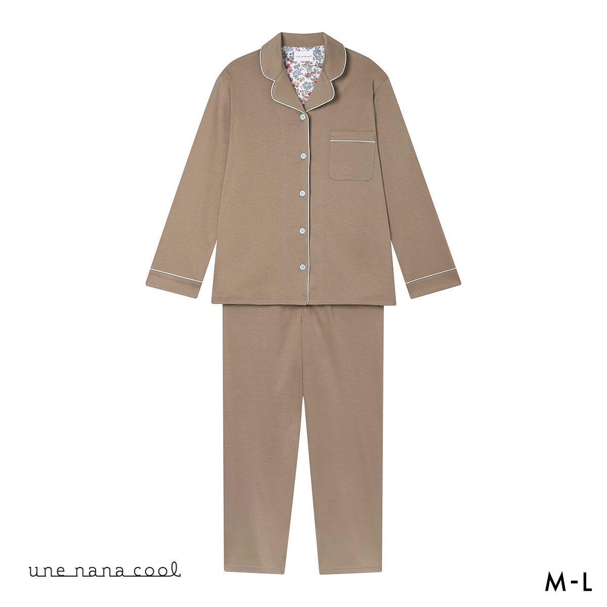 ウンナナクール 綿100％ 60/1 シルケットスムースパジャマ 長袖開襟 MADE WITH LIBERTY FABRIC ルームウェア パジャマ une nana cool(BR-ブラウン-M)