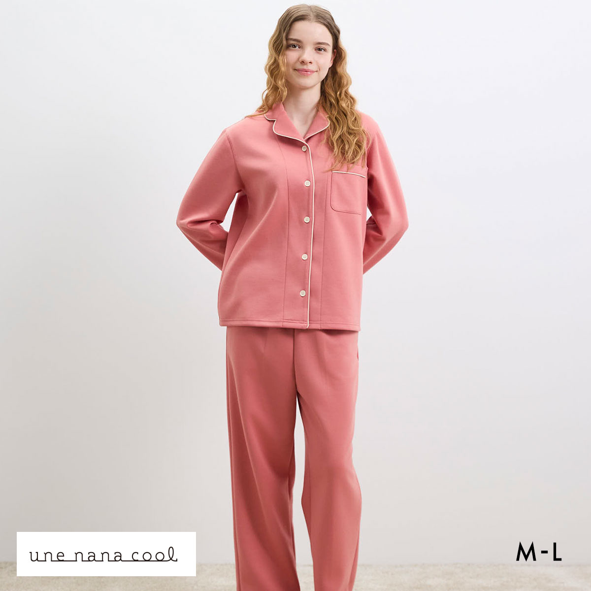 ウンナナクール 綿混 ハイゲージダブルエアー 長袖開襟パジャマ MADE WITH LIBERTY FABRIC ルームウェア パジャマ 上下セット une nana cool(SP-サーモンピンク-M)