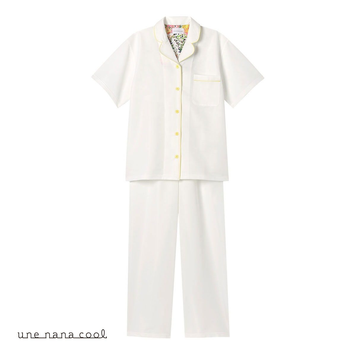 ウンナナクール une nana cool 綿混 さらっとした肌あたり パジャマ MADE WITH LIBERTY FABRIC ルームウェア 上下セット 半袖 レディース(WH-ホワイト-M)