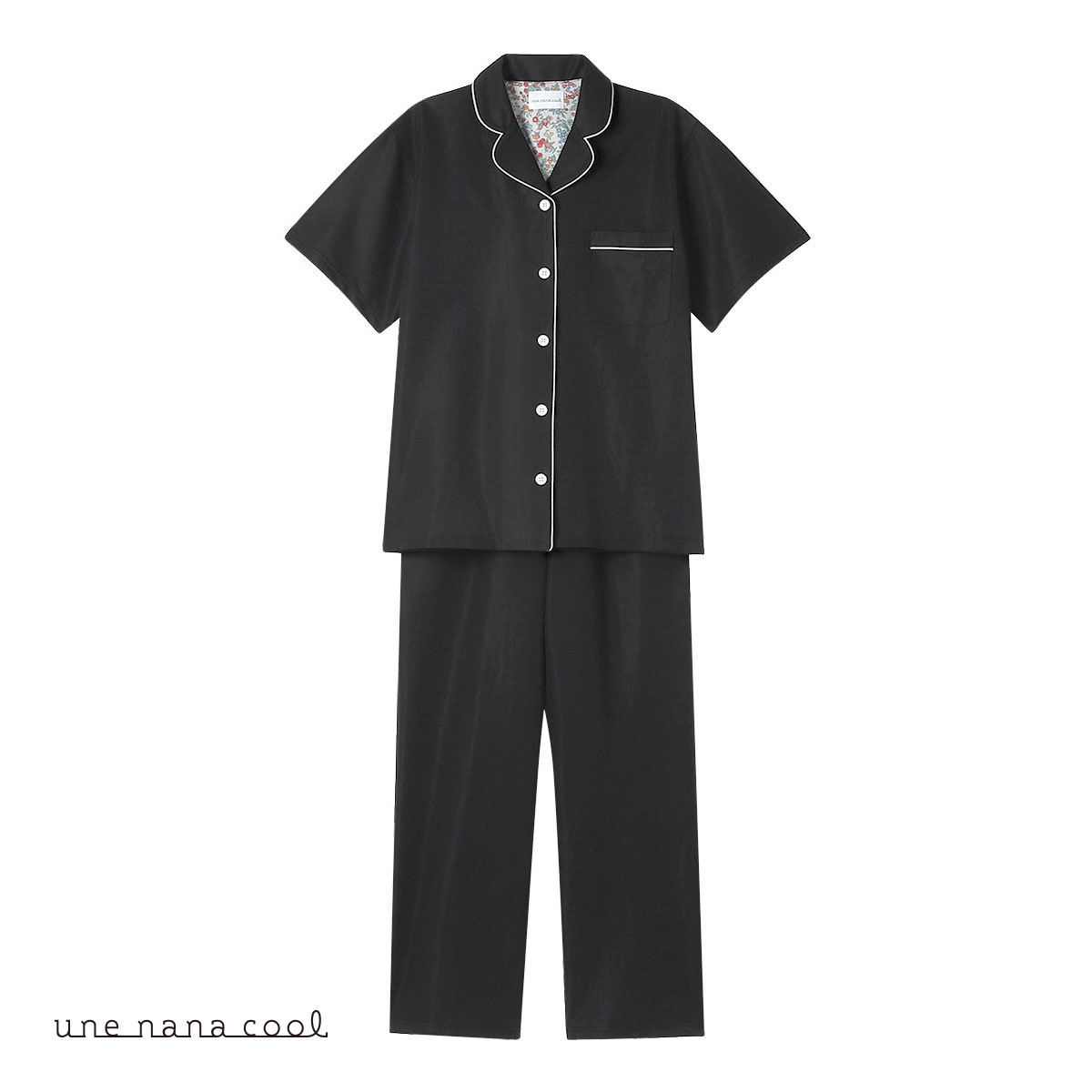 ウンナナクール une nana cool 綿混 さらっとした肌あたり パジャマ MADE WITH LIBERTY FABRIC ルームウェア 上下セット 半袖 レディース(BK-ブラック-M)