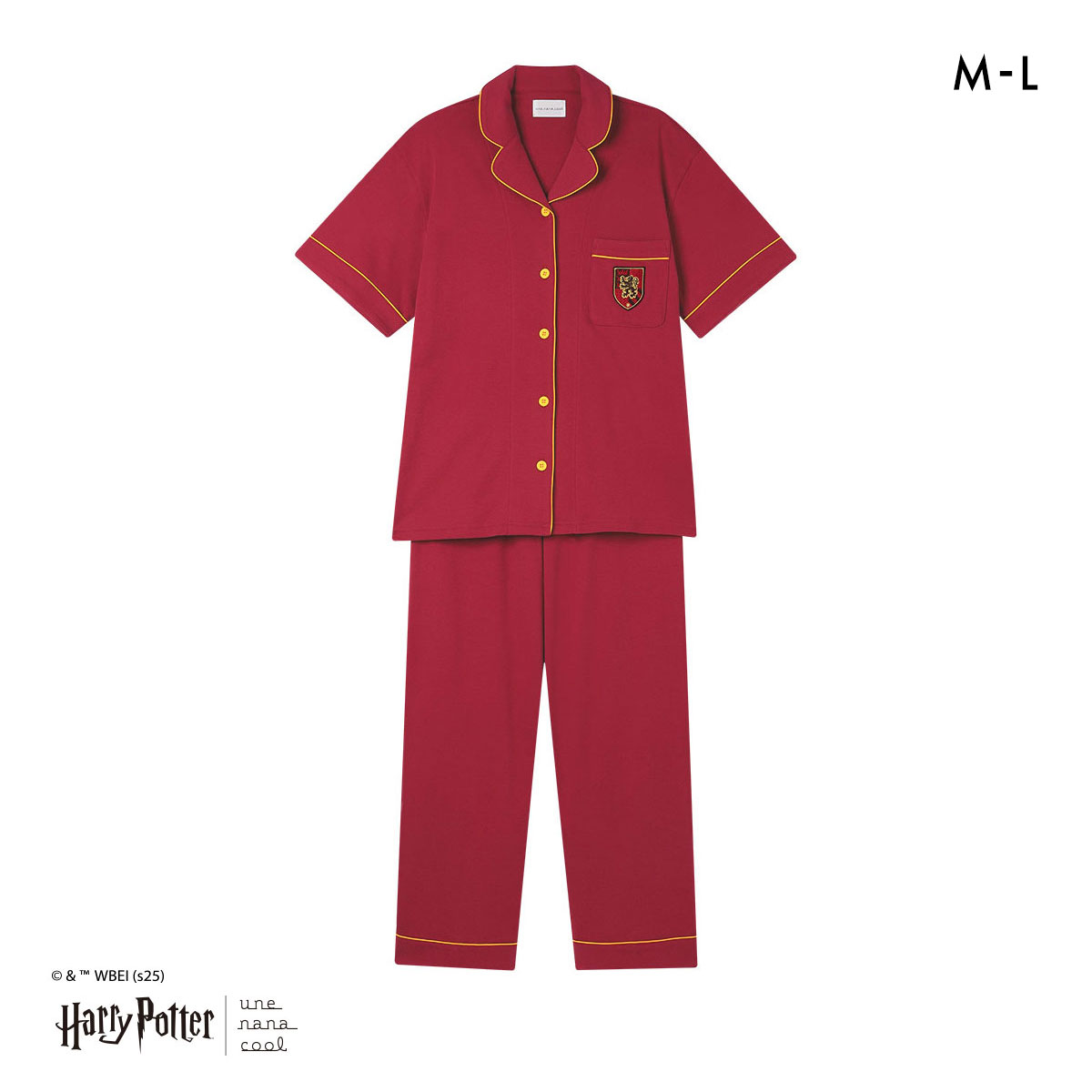 ハリー・ポッター × ウンナナクール Harry Potter 綿100％ 開襟半袖パジャマ ルームウェア パジャマ 上下セット une nana cool(EN-エンジ-M)