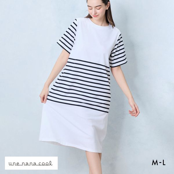 ウンナナクール une nana cool 綿100％ 60ハイゲージ天竺パネルボーダー半袖ワンピース パジャマ MADE WITH LIBERTY FABRIC