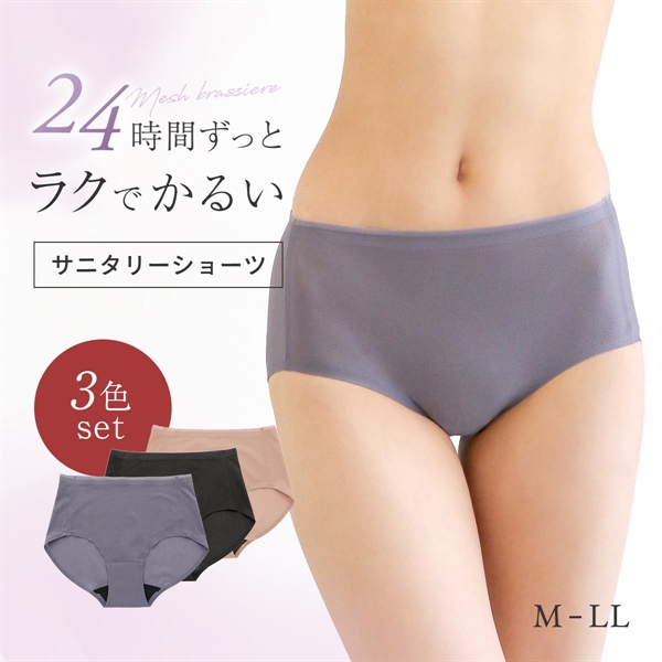 【3色セット】メッシュサニタリー 羽根つきナプキン対応 股上深め 大きいサイズ 春夏 猛暑 暑さ対策 ムレない Ｍ Ｌ LL