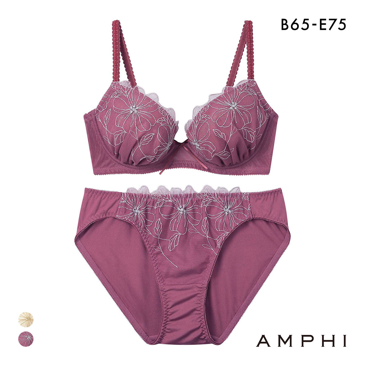 アンフィ ブラ＆ショーツセット まる胸メイク 谷間 大花 ABCDE ブラジャー ショーツ セット 大きいサイズ AMPHI BCC231(PPU-ピンクパープル-B65-M)