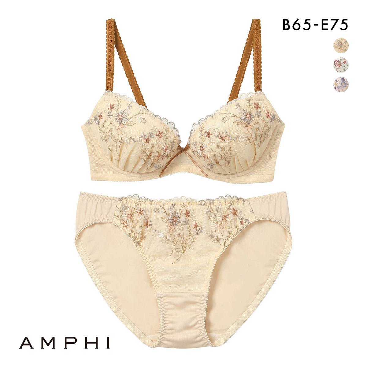 アンフィ ブラ＆ショーツセット まる胸メイク 小花ブーケ ABCDE ブラジャー ショーツ セット AMPHI(BE-ベージュ-B65-M)