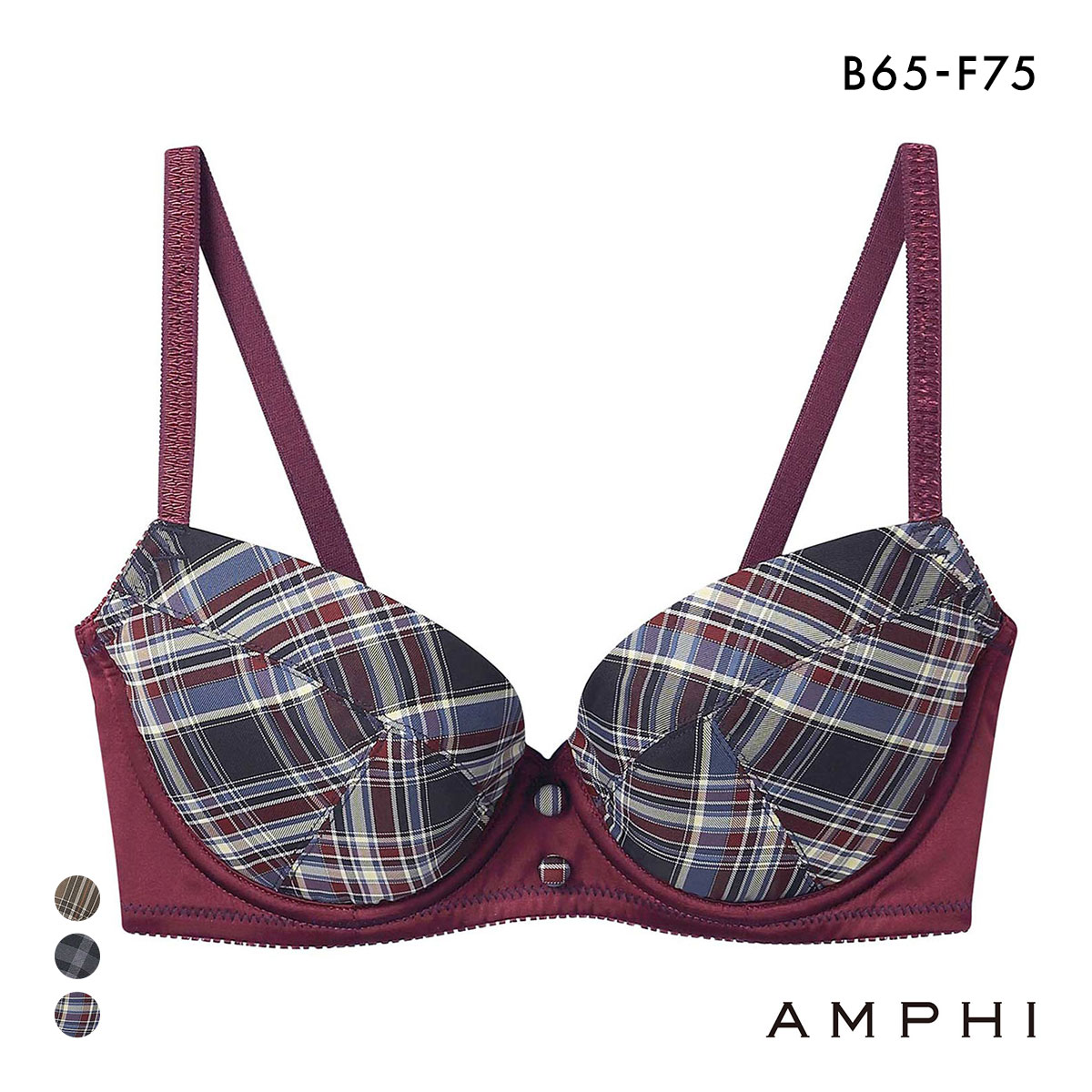 アンフィ 脇スッキリ、寄せる ブラジャー BCDEF チェック柄  BLH309 AMPHI 大きいサイズ(NV-ネイビー-B65)