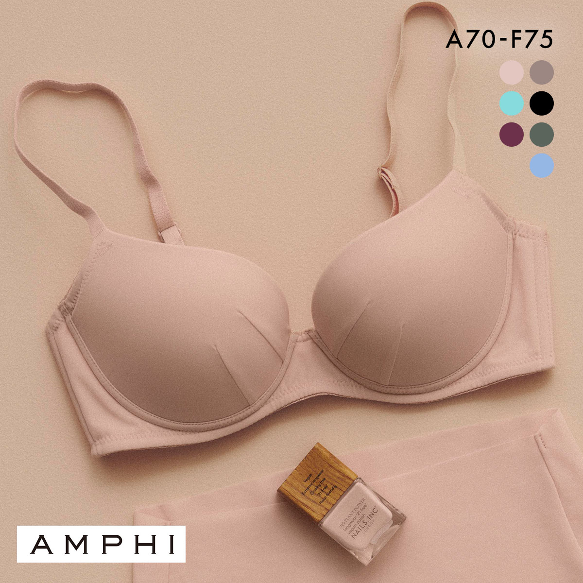 アンフィ NAILS INC×AMPHI ブラジェニック アウターにひびきにくい ブラジャー ノンワイヤー スムージング BMI245 AMPHI(PI-ピンク-A70)