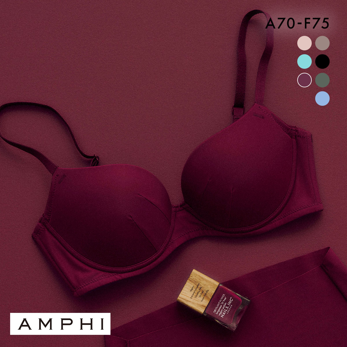 アンフィ NAILS INC×AMPHI ブラジェニック アウターにひびきにくい ブラジャー ノンワイヤー スムージング BMI245 AMPHI(WI-ワイン-A70)