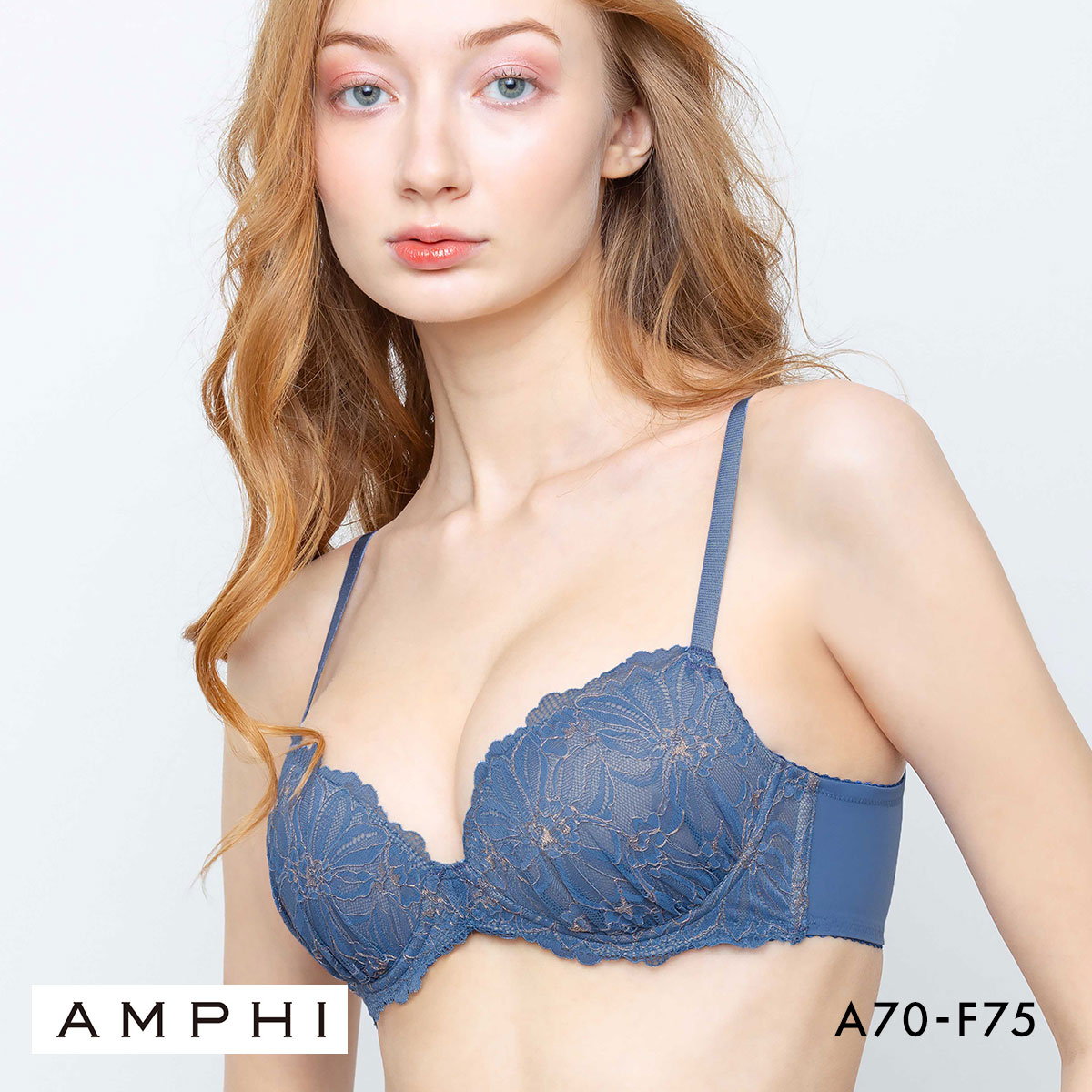 アンフィ ブラジェニック 盛り胸タイプ ブラジャー ノンワイヤー 3/4カップ くっきり谷間 ABCDEF AMPHI BRAGENIC BMI448(BU-ブルー-A70)