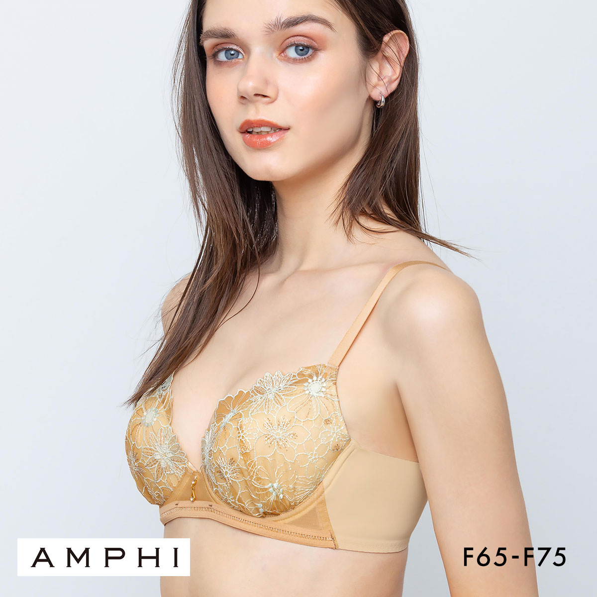 アンフィ ふわふわブラ ブラジャー やさしい、ふわふわ触感 F 大きいサイズ 自然なまるみ AMPHI BYJ394(LOR-薄オレンジ-F65)