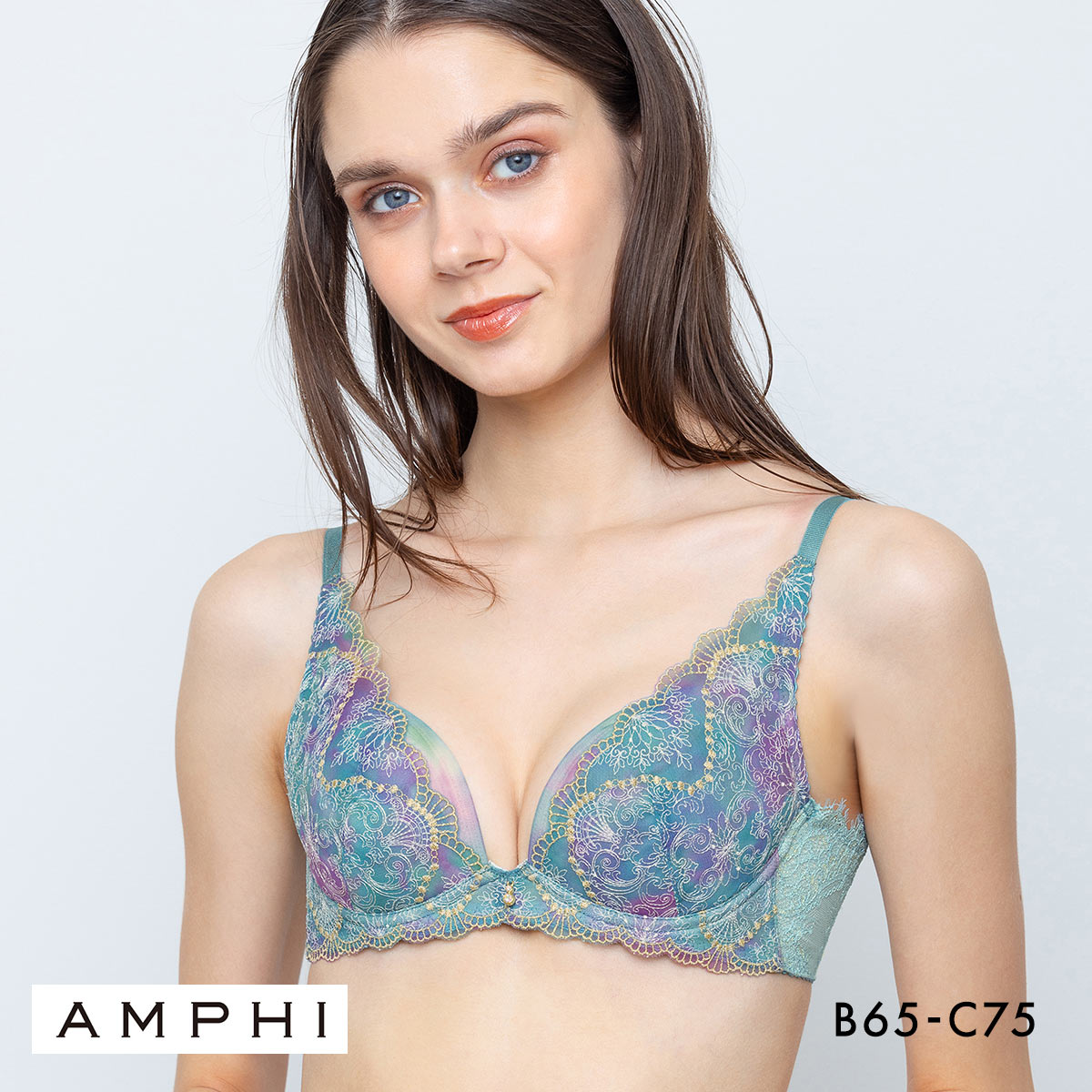 アンフィ グラマリッチ ブラジャー 脇スッキリ グラマラス＆リッチな谷間をメイク BYJ698 脇高 BC AMPHI Glama-Rich(BG-ブルーグリーン-B65)