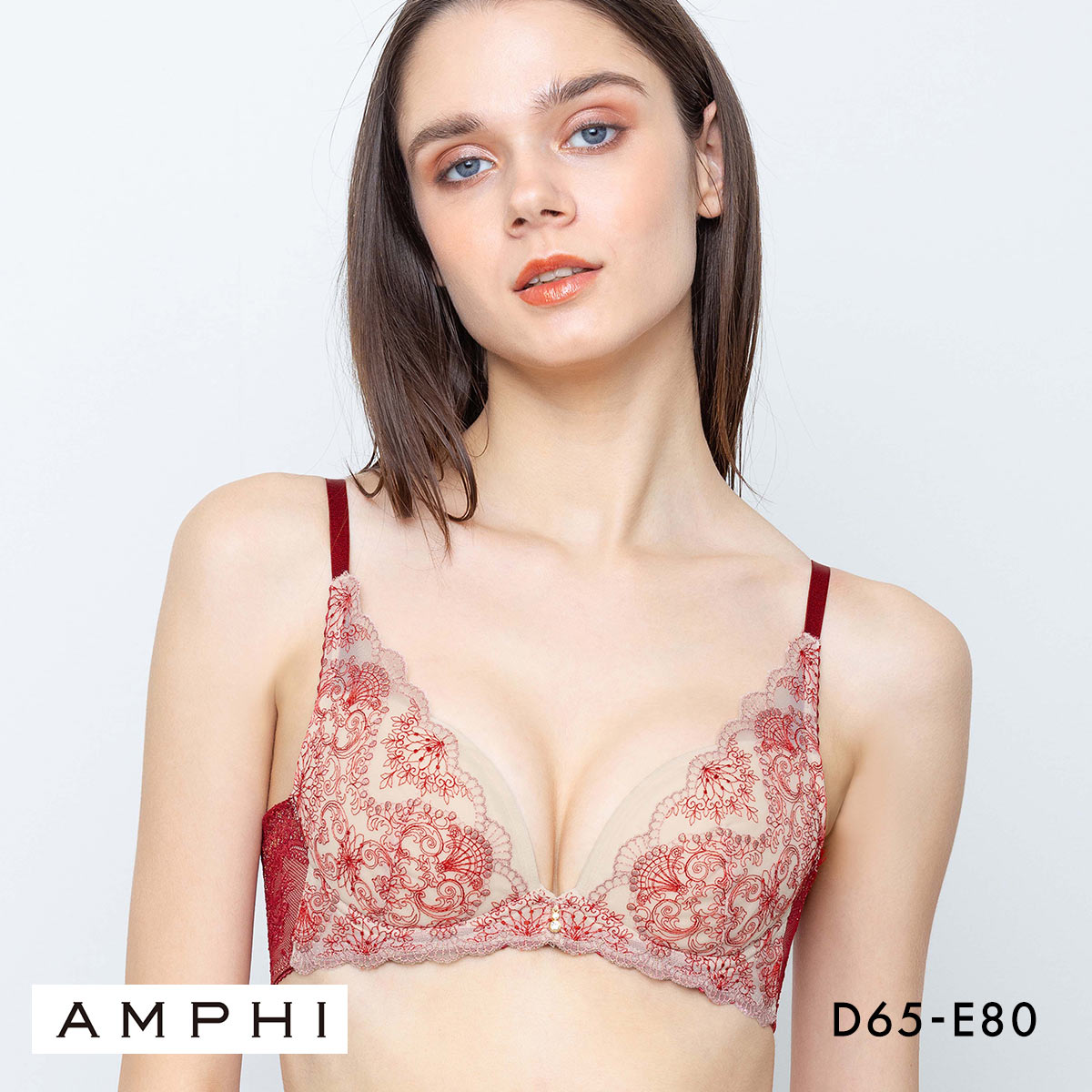 アンフィ グラマリッチ ブラジャー 脇スッキリ グラマラス＆リッチな谷間をメイク BYJ698 脇高 DE AMPHI Glama-Rich 大きいサイズ(RE-レッド-D65)