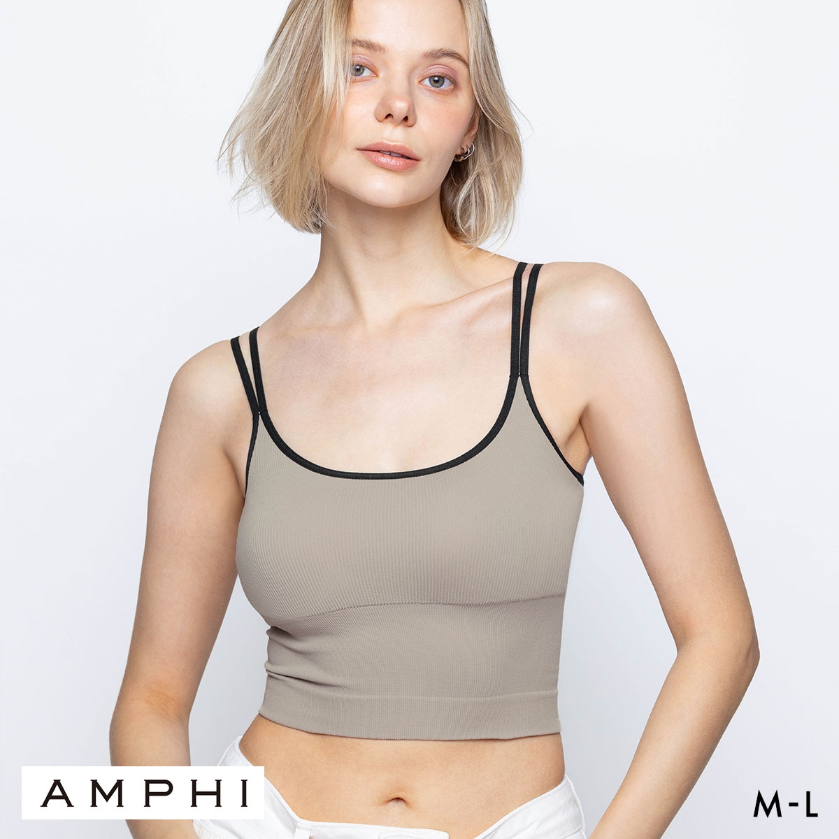 アンフィ ブラトップ カップ付きインナー クロップド丈 リブ キャミソール バックデザイン ノンワイヤー AMPHI(MO-モカ-M)