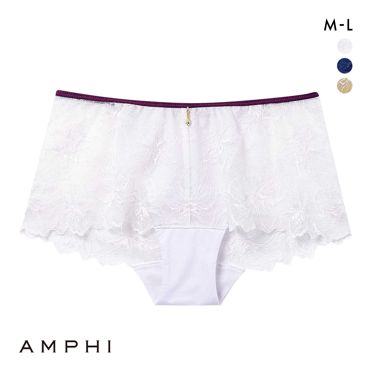 アンフィ ふわふわブラ ペアショーツ ボーイレングス 総レース ひびきにくい BYJ394シリーズ AMPHI(WH-ホワイト-M)