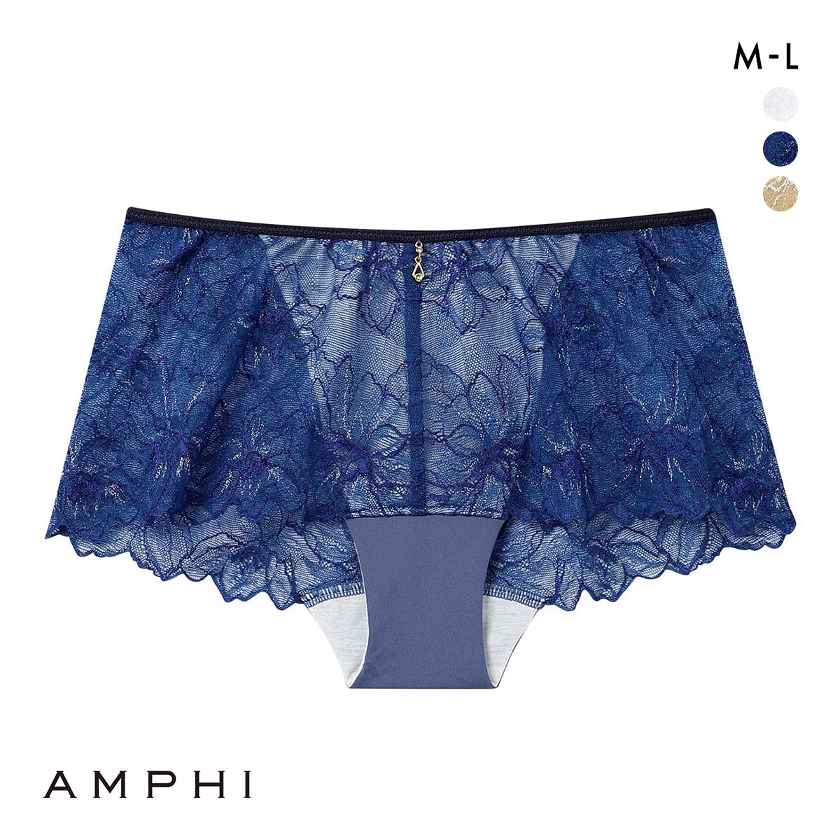 アンフィ ふわふわブラ ペアショーツ ボーイレングス 総レース ひびきにくい BYJ394シリーズ AMPHI(BU-ブルー-M)