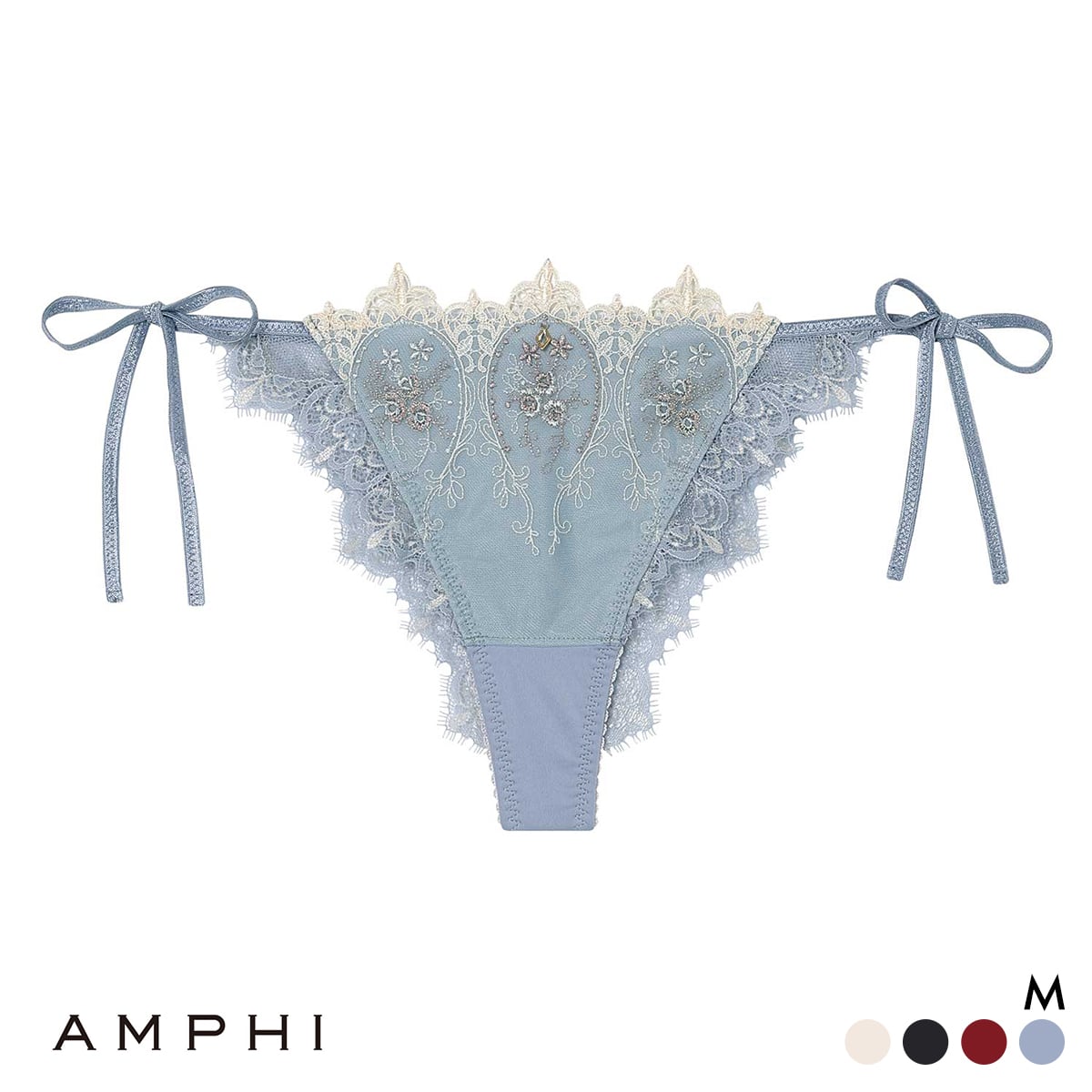 アンフィ グラマリッチ ペアショーツ Tバックショーツ バックレース サイドリボン PYJ506 BYJ306シリーズ AMPHI(SX-サックス-M)