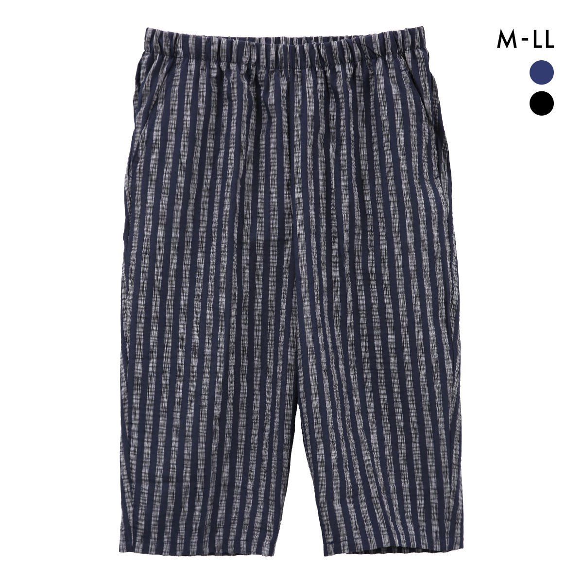 SUKENO おにわパンツ 7分丈 サッカー生地 絣ストライプ メンズ ルームウェア 助野(NV-ネイビー-M)