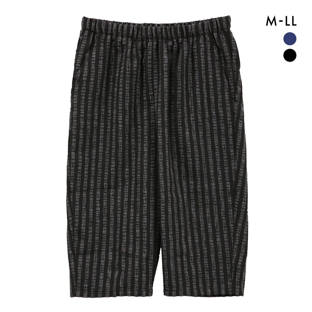 SUKENO おにわパンツ 7分丈 サッカー生地 絣ストライプ メンズ ルームウェア 助野(BK-ブラック-M)