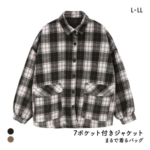 ニッセン 多ポケットチェックシャツジャケット ハンズフリー 私の味方服 大きいサイズ L-LL nissen