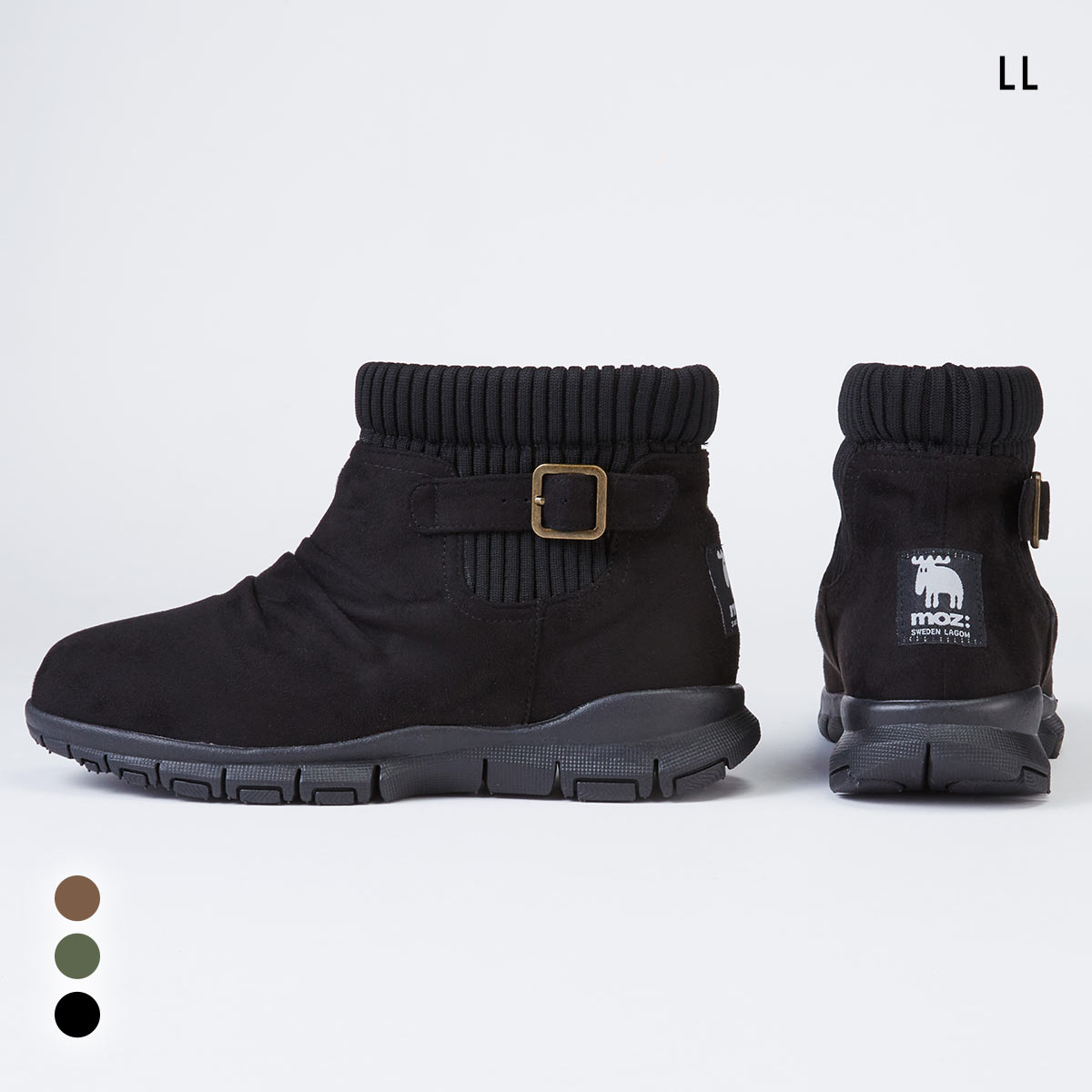 moz モズ ゆったり幅広 軽量リブニットショートブーツ 25-25.5cm ワイズ4E nissen ニッセン(BK-ブラック-LL)