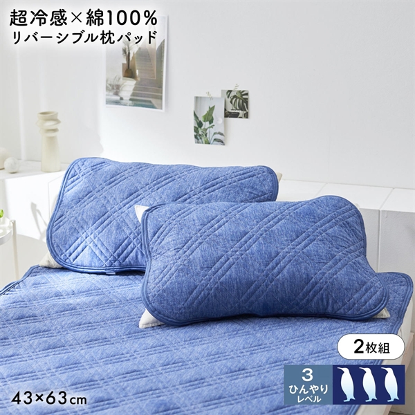 ニッセン 超冷感×綿100% シャリッとした肌ざわり サッカー織 吸放湿 防ダニシート入り リバーシブル枕パッド 同色2枚組 43×63cm用 nissen