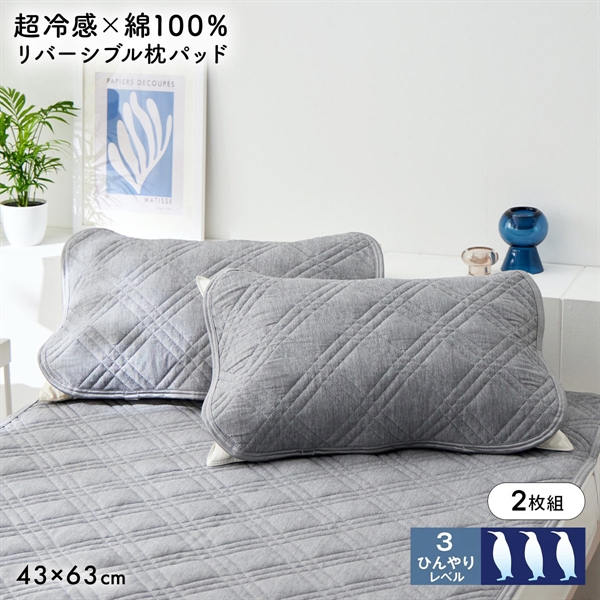 ニッセン 超冷感×綿100% シャリッとした肌ざわり サッカー織 吸放湿 防ダニシート入り リバーシブル枕パッド 同色2枚組 43×63cm用 nissen
