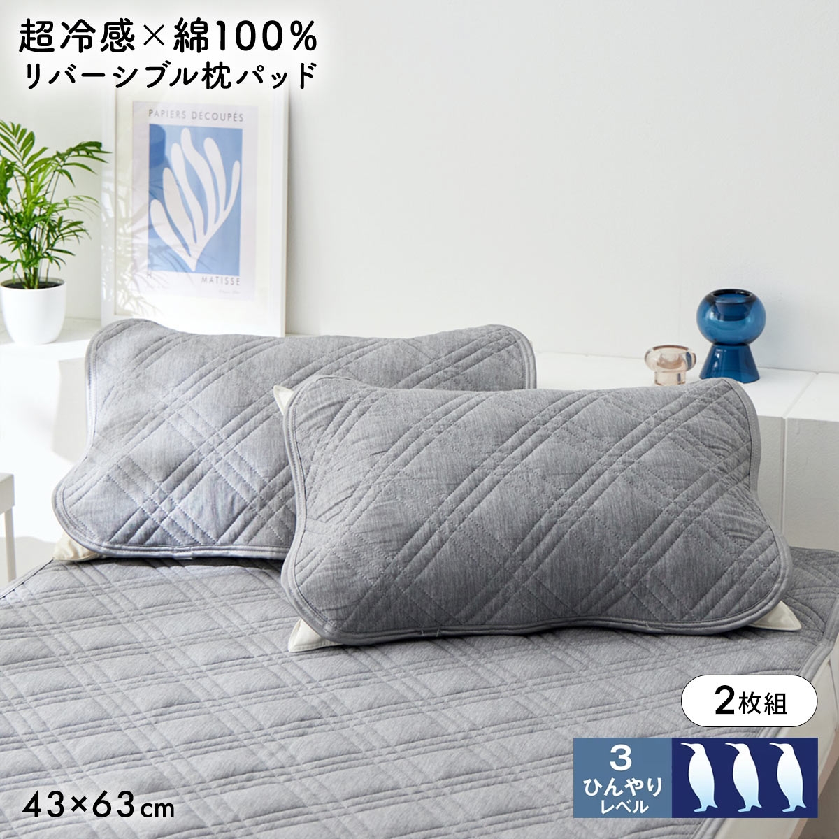 ニッセン 超冷感×綿100% シャリッとした肌ざわり サッカー織 吸放湿 防ダニシート入り リバーシブル枕パッド 同色2枚組 43×63cm用 nissen(GY-グレー-2枚)