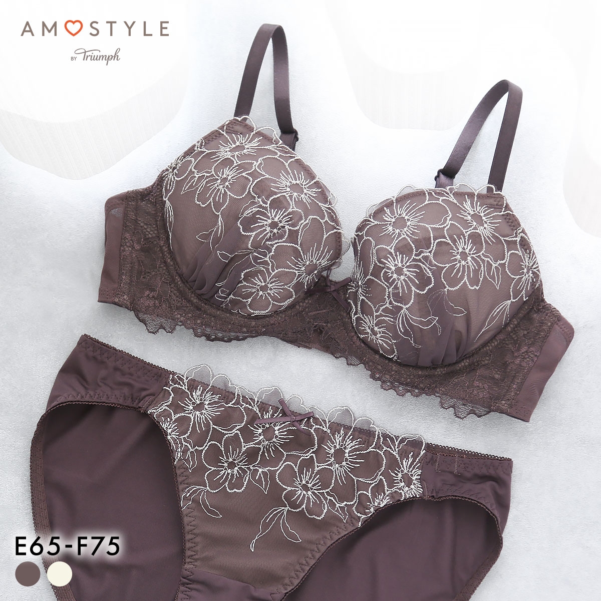 アモスタイル AMST521 スイートフローラ ブラセット ブラジャー ショーツ セット EF 大きいサイズ AMOSTYLE(CHO-チョコレート-E65-M)