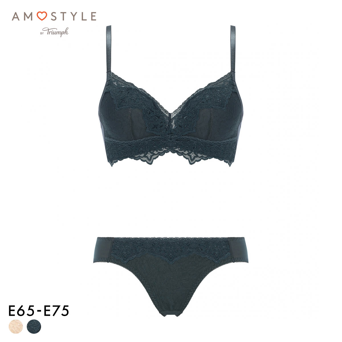 アモスタイル AMST1525 らくふわ ノンワイヤー ブラセット ブラジャー ショーツ セット E AMOSTYLE 大きいサイズ LBE DGY(DGY-濃グレー-E65-M)