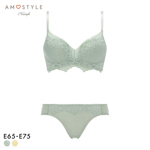 アモスタイル AMST1525 らくふわ ノンワイヤー ブラセット ブラジャー ショーツ セット E AMOSTYLE 大きいサイズ LGR YE(LGR-薄グリーン-E65)