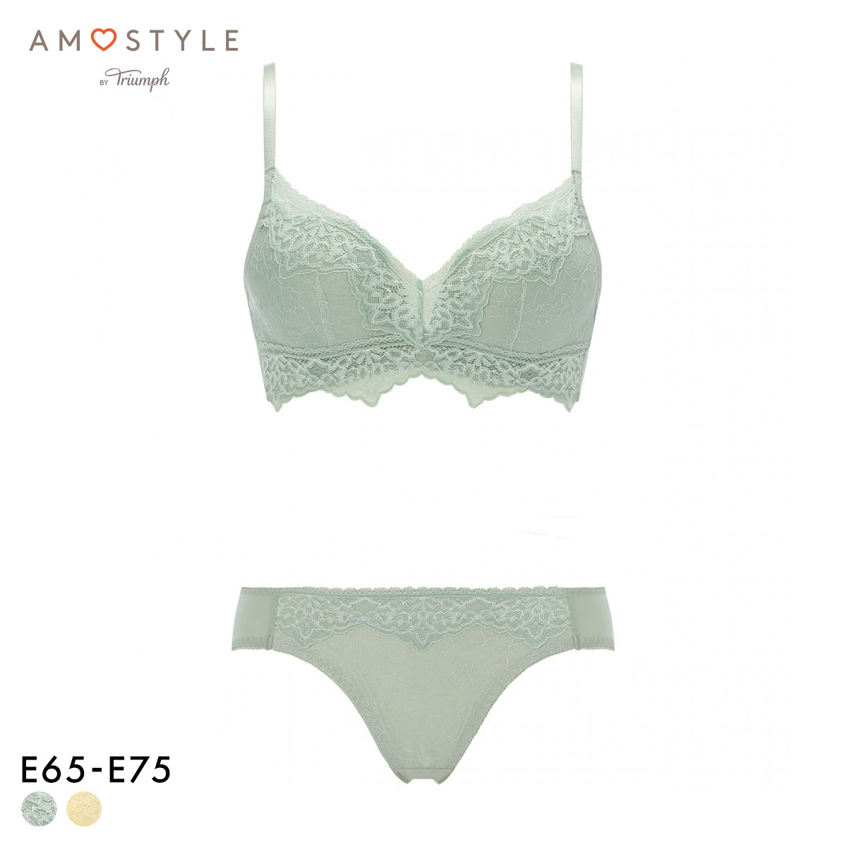 アモスタイル AMST1525 らくふわ ノンワイヤー ブラセット ブラジャー ショーツ セット E AMOSTYLE 大きいサイズ LGR YE(LGR-薄グリーン-E65)
