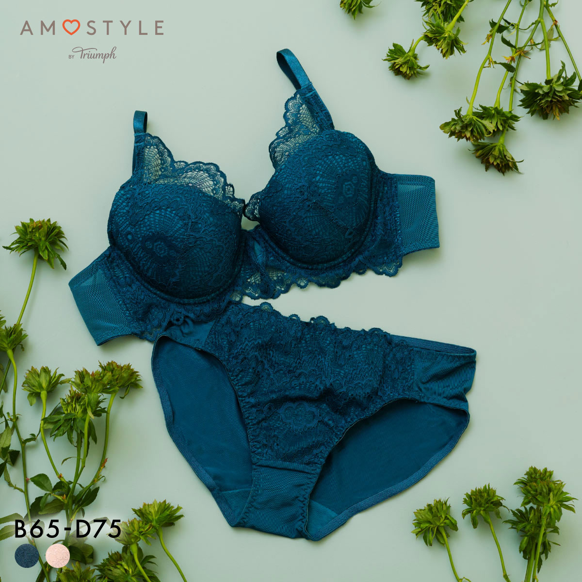 アモスタイル AMST527 ウェーブラティス ブラジャー ショーツ セット ブラセット BCD AMOSTYLE GR PI(GR-グリーン-B65-M)