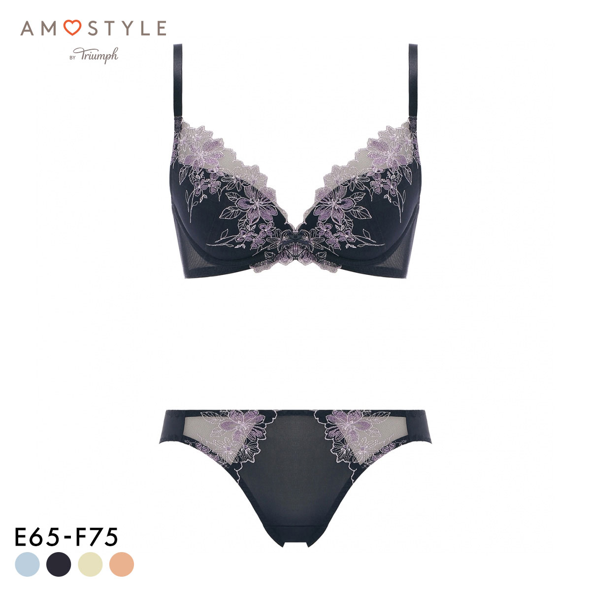 アモスタイル AMST529 デコルテビューティブラ フローラルハーモニー ブラセット ブラジャー ショーツ セット EF 大きいサイズ AMOSTYLE(DGY-濃グレー-E65-M)