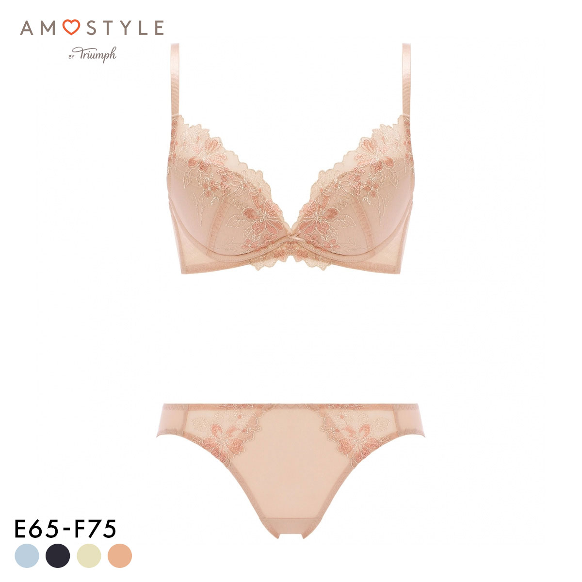 アモスタイル AMST529 デコルテビューティブラ フローラルハーモニー ブラセット ブラジャー ショーツ セット EF 大きいサイズ AMOSTYLE(PB-ピンクベージュ-E65-M)