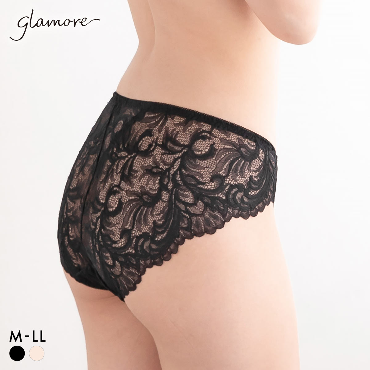 グラモア glamore フェザーライクブラ FT0421 デザインショーツ 華やかにヒップを包み込む 段差レス 締めつけない 総レース FT0422(BK-ブラック-M)